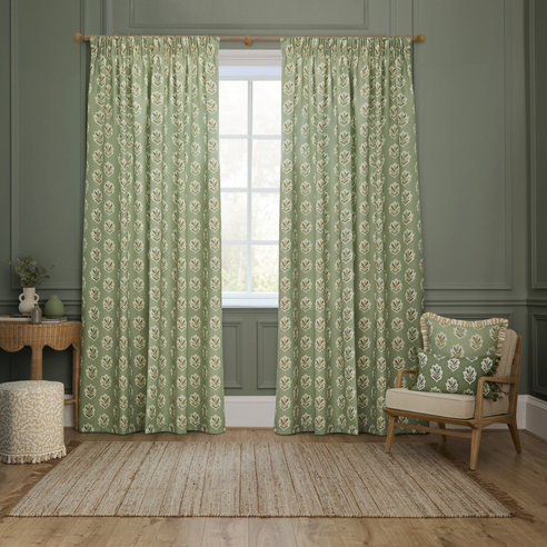 Sessile Leaf Pencil Pleat, Sage - Ready Made Curtains - Image 3